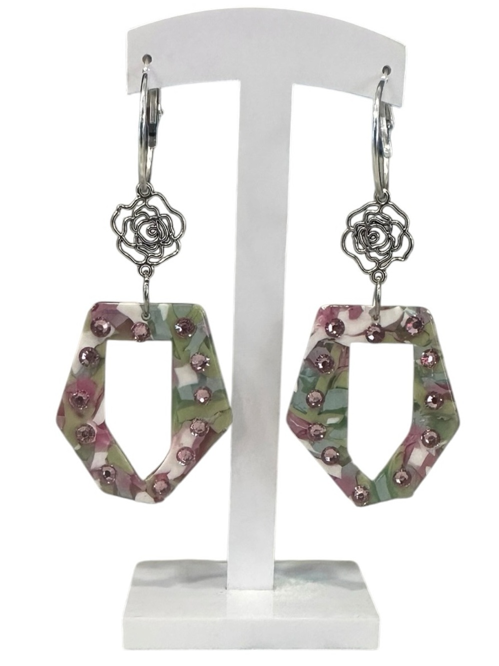 Haus of Lenora Pink & Green Geometric Drop Earrings